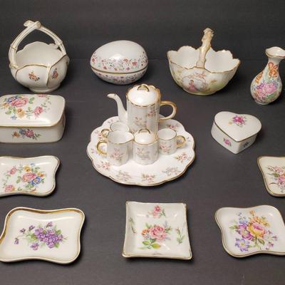 Limoges China Including Baskets, Trinket Boxes, Miniature Tea Set