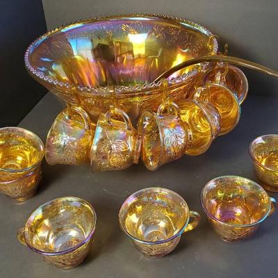 Vintage Indiana Carnival Glass Punch Bowl Set