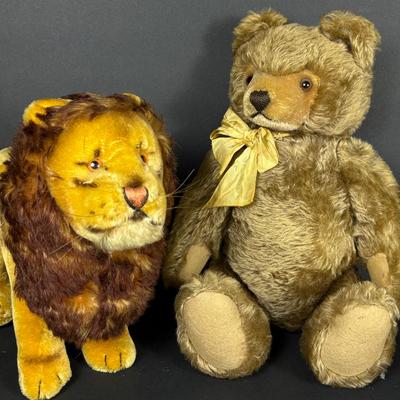 Vintage Steiff Teddy Bear 14” & Standing Lion 10”h