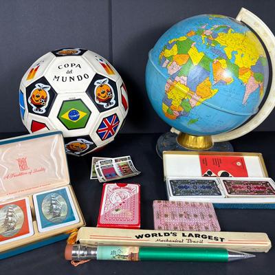 Vintage Ohio Art Tin Litho Globe, 1982 World Cup Spain Souvenir Soccer Ball, Playing Cards, More