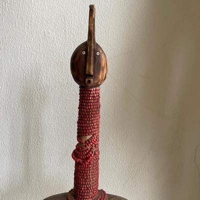 Wood and Beaded Tribal-Inspired Sculpture with Red Beading