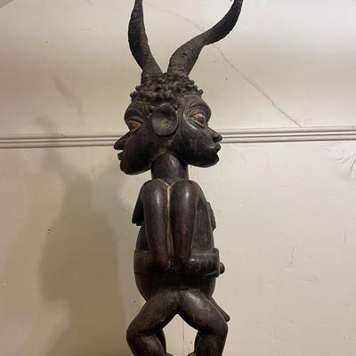 African Tribal Double-Headed Wooden Sculpture with Horns