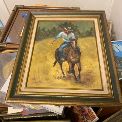 Framed Western Painting of Cowboy on Horseback