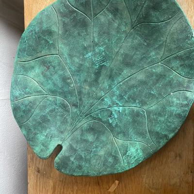 Large Green Patina Leaf-Shaped Decorative Platter