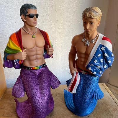 Two Male Mermaid Figurines with Glitter Tails