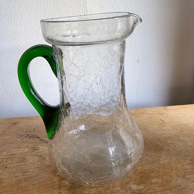 Glass Pitcher with Crackle Design and Green Handle