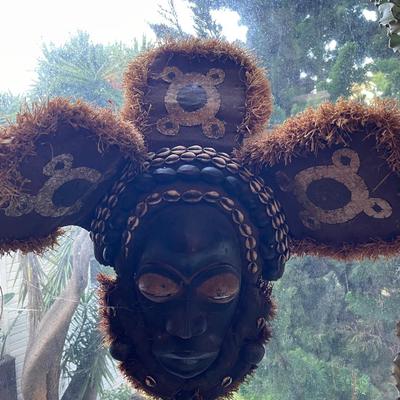 African Wooden Mask with Cowrie Shell and Fiber Accents