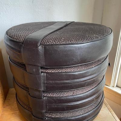 Stackable Woven Circular Stools with Leather Details