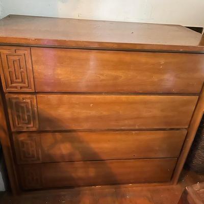 Mid-Century Wooden Four-Drawer Dresser with Geometric Accents