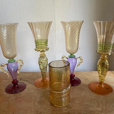Four Multicolored Venetian-Style Glass Goblets