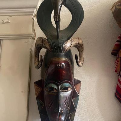 Hand-Carved African Mask with Ram Horns and Serpent Motif