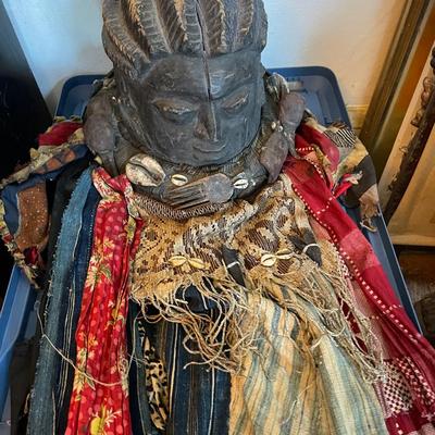 African Wooden Mask with Fabric and Adornments