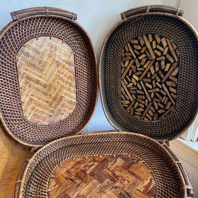 Three Oval Handwoven Rattan Trays