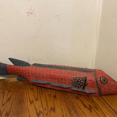 Hand-Carved Wooden Fish Sculpture with Red Finish