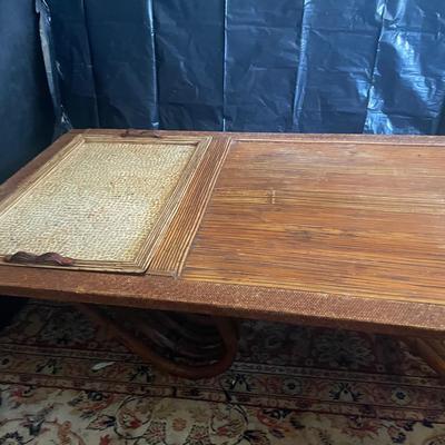 Bamboo and Mosaic-Inlaid Table with Unique Curved Base Design