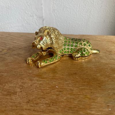 Gold-Tone Lion Trinket Box with Green Rhinestones