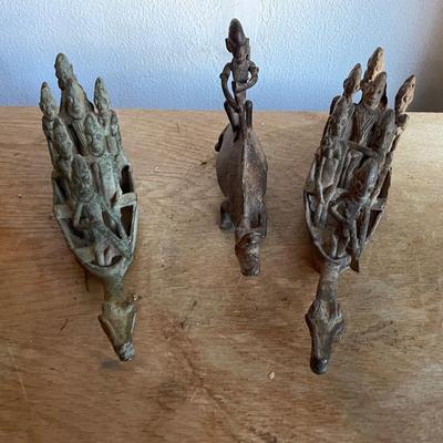 Three Hand-Crafted Wooden Carvings of Figures and Crocodiles