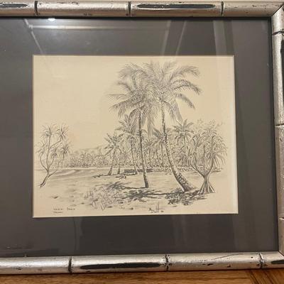 Framed Pencil Sketch of Palm Trees with Bamboo-style Frame