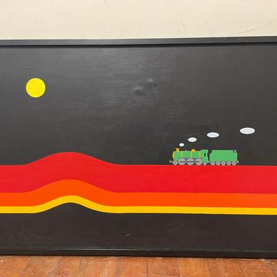 Framed Train Scene Acrylic on Canvas Artwork
