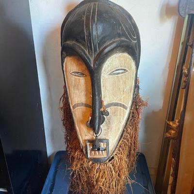 Decorative African Tribal Wooden Mask with Natural Fiber Beard