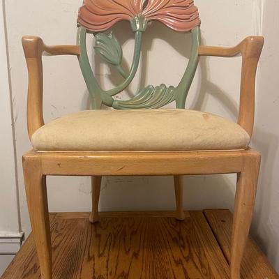 Art Deco Inspired Wooden Chair with Floral Motif Backrest