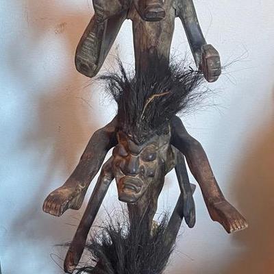 Wooden Stacked Figures Sculpture With Hair Accents