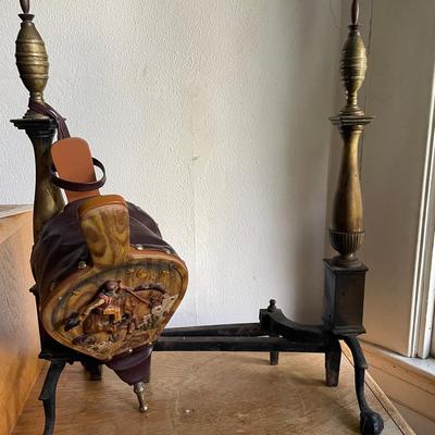 Ornate Fireplace Bellows, Andiron Set with Cowboy Design and Hammered Metal Fireplace Log Holder