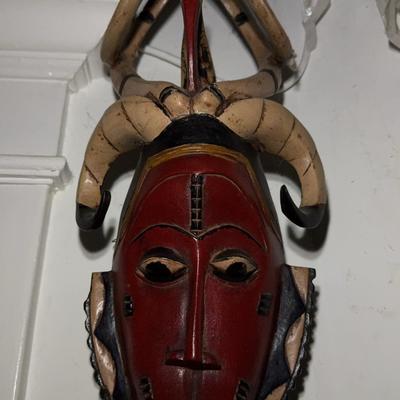 Red Hand-Carved Wooden African Tribal Mask