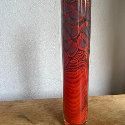 Tall Red and Orange Swirled Art Glass Vase