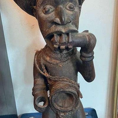 African Wood Statue with Woven Accessories