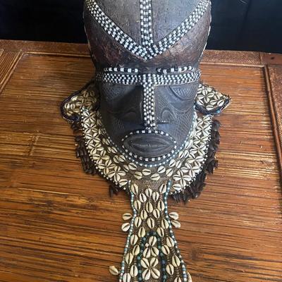 African Tribal Mask with Bead and Cowrie Shell Details
