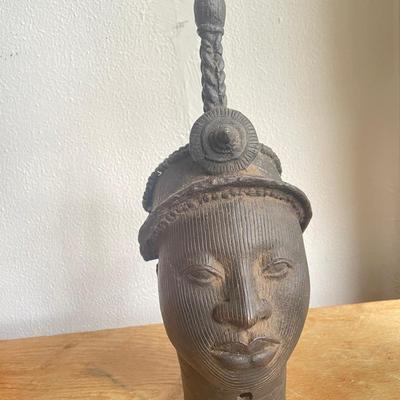 Bronze African Head Sculpture with Elaborate Headdress