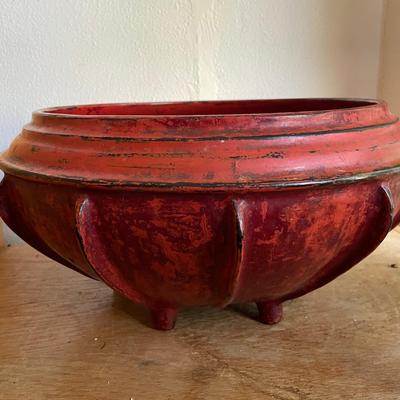 Red Wooden Bowl With Carved Details and Feet