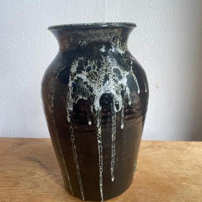 Stoneware Vase with Black and White Drip Glaze