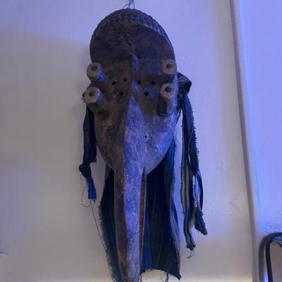 Handcrafted Wooden African-Style Mask with Fabric Details