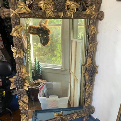 Hand-Carved Mirror With Grape and Leaf Design