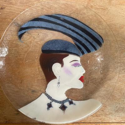 Decorative Glass Plate with Stylized Woman Design