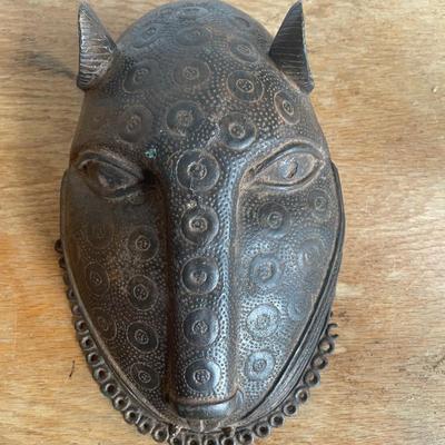 Bronze Animal Head Mask Sculpture With Intricate Patterns