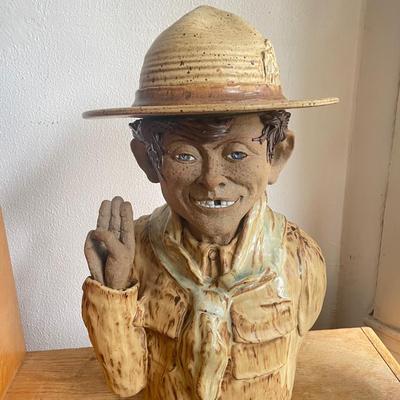 Ceramic Bust of Boy Scout Wearing Uniform and Hat