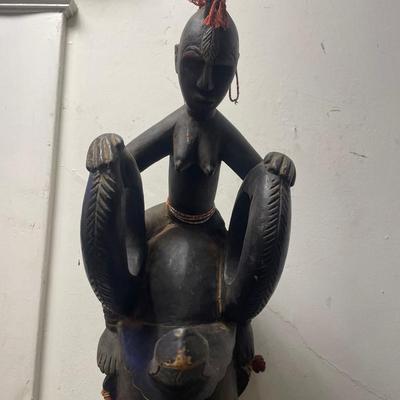 African Tribal Wood Carving of Female Figure and Animal