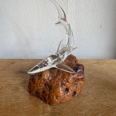 Glass Shark Sculpture on Burl Wood Base