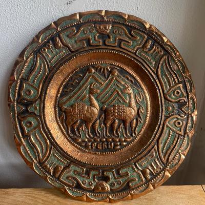 Embossed Copper Peruvian Wall Plate — Llamas & Mountain Motif