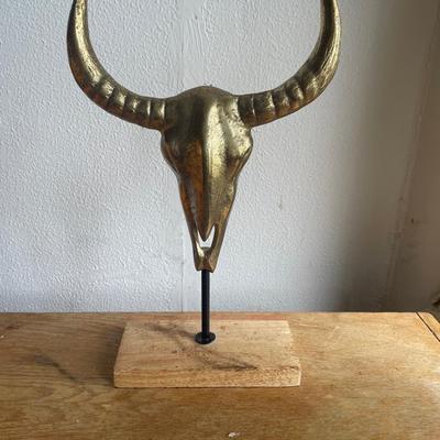 Metallic Bull Skull Sculpture on Wooden Base