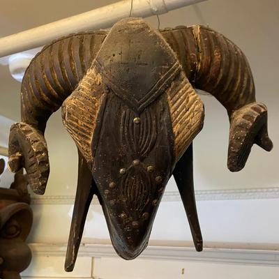 African Ram-Headdress-Style Mask – Carved Wood with Horned Detail