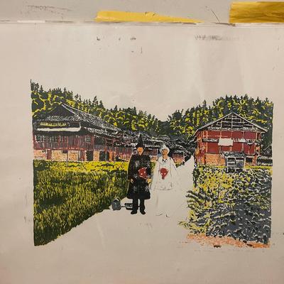 Hand-Painted Scene of Traditional Building and Couple