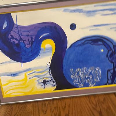 Abstract Painting With Blue and Yellow Tones in Metal Frame