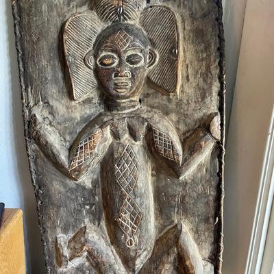 African Carved Wood Panel with Figure Relief