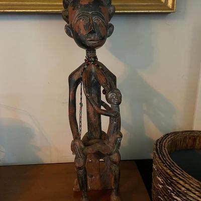Hand-Carved African Wooden Sculpture of Mother and Child