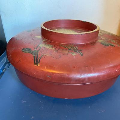 Antique Japanese Lacquered Covered Bowl with Hand-Painted Floral Motif