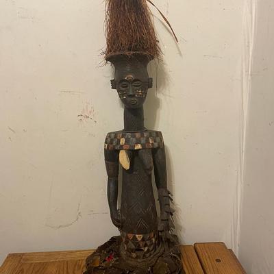 Wooden Tribal Figurine with Raffia Headdress
